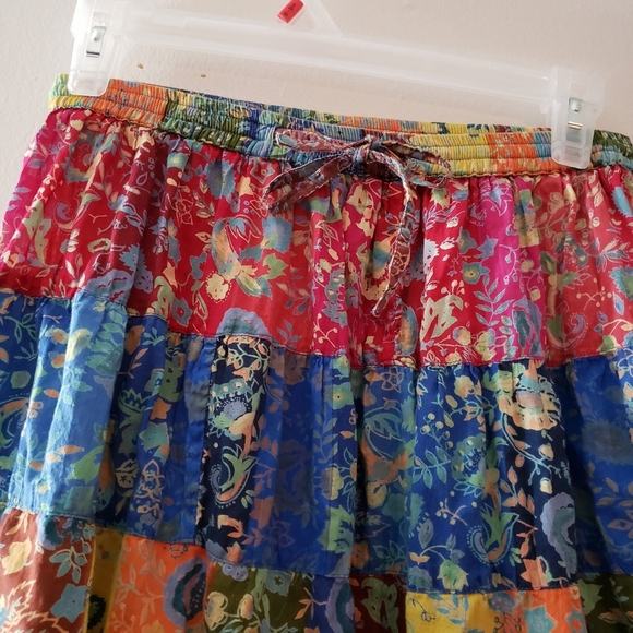 La Cera patchwork floral boho tiered drawstring midi cotton skirt, size Small - Picture 4 of 6